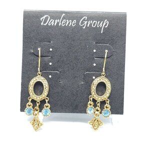 Gold-Tone Oval Dangle Earrings With Blue Rhinestones By Darlene Group